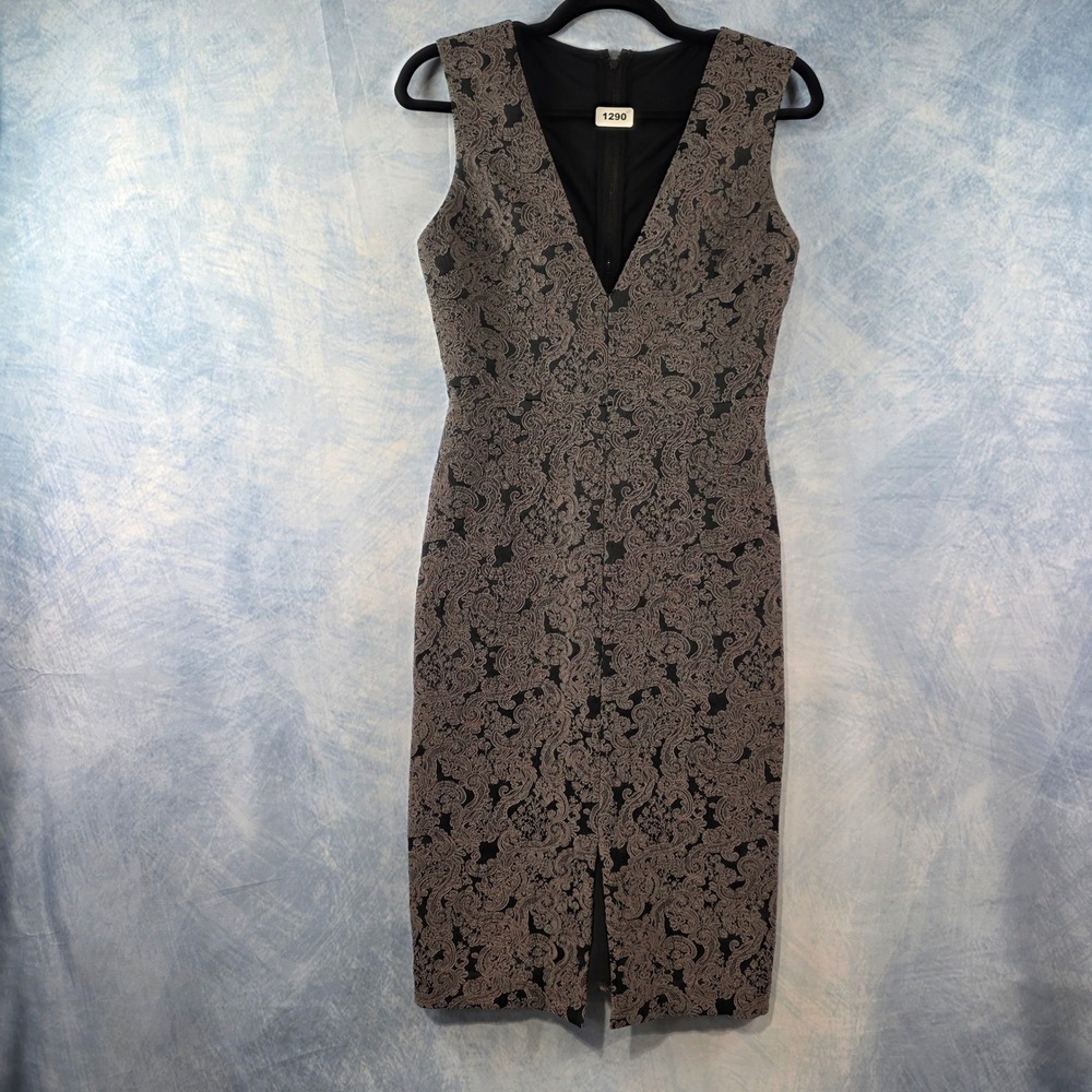 Alice + Olivia Grey Black Paisley Jacquard V-Neck Sheath Dress Size 4